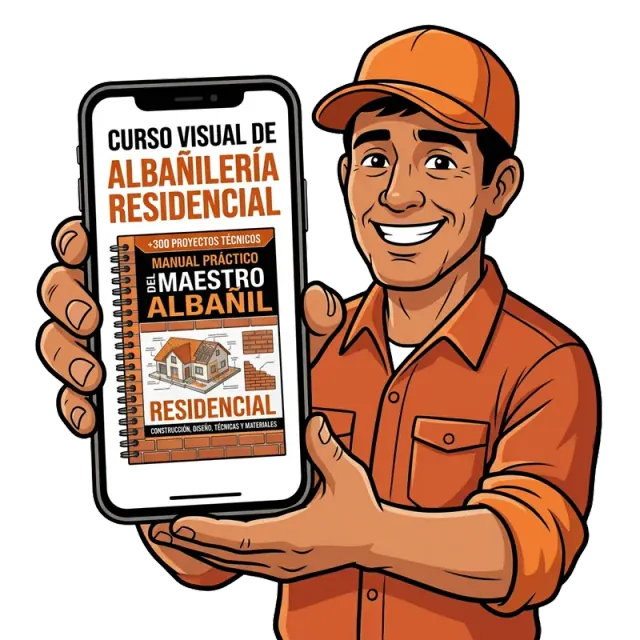 Albañil sonriente mostrando el curso en el celular